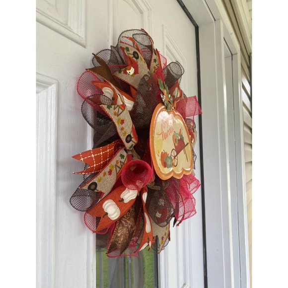 Happy Harvest Red Wheelbarrow Pumpkin Deco Mesh Ribbon Fall Storm Door Wreath - Picture 5 of 7